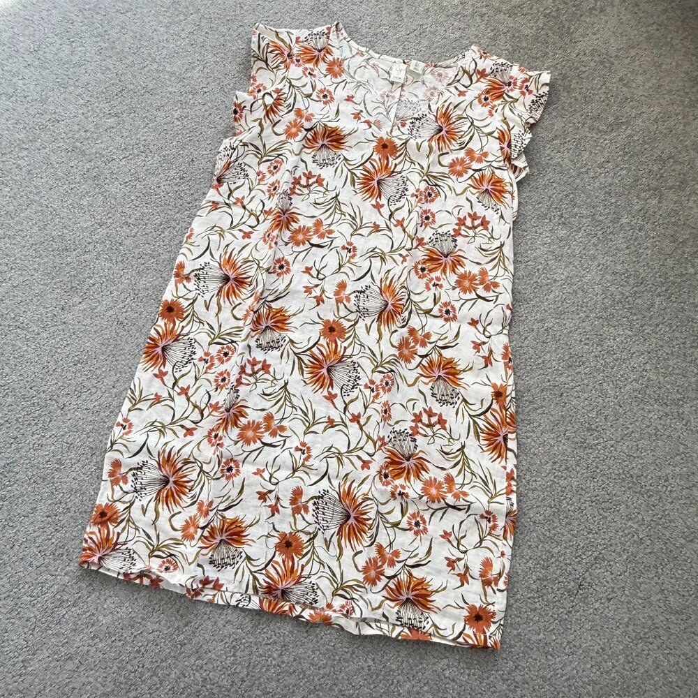 * Joie Ruffle Sleeve 100% Linen Floral Mini Dress in Cream Brown NWOT LARGE